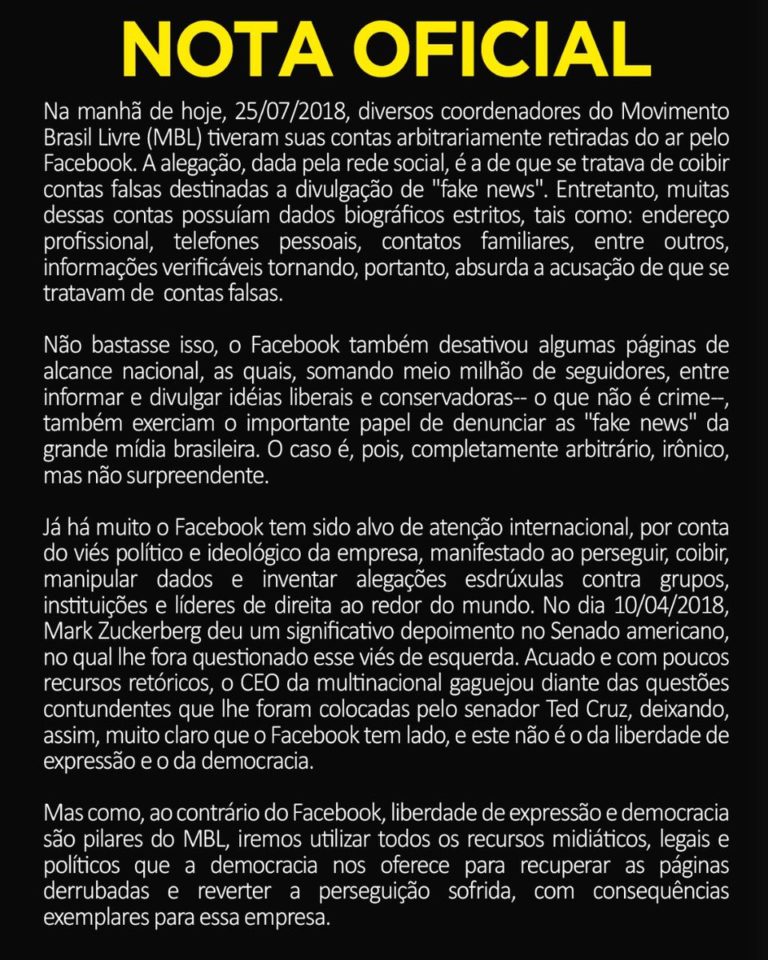 Facebook fecha contas ligadas ao MBL