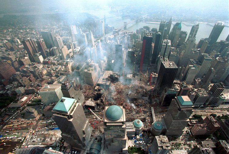 Aerial view of ground zero at the World Trade Center in New York on September 26, 2001. Fifteen days..