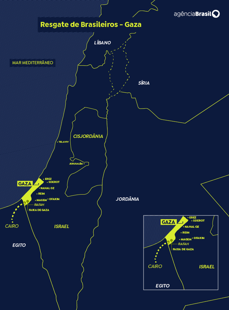 Ponto de resgate de brasileiros em Gaza durante conflito entre Israel e Hamas.