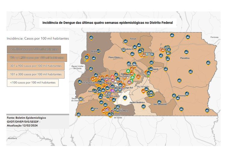 Incidência de Dengue das últimas quatro semanas epidemiológicas no Distrito Federal. Foto: Secretaria de Saúde do DF